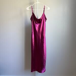 Maniju sz L Fuchsia Cowl Neck Slip Midi Dress Satin Look‎ Y2K Clubwear